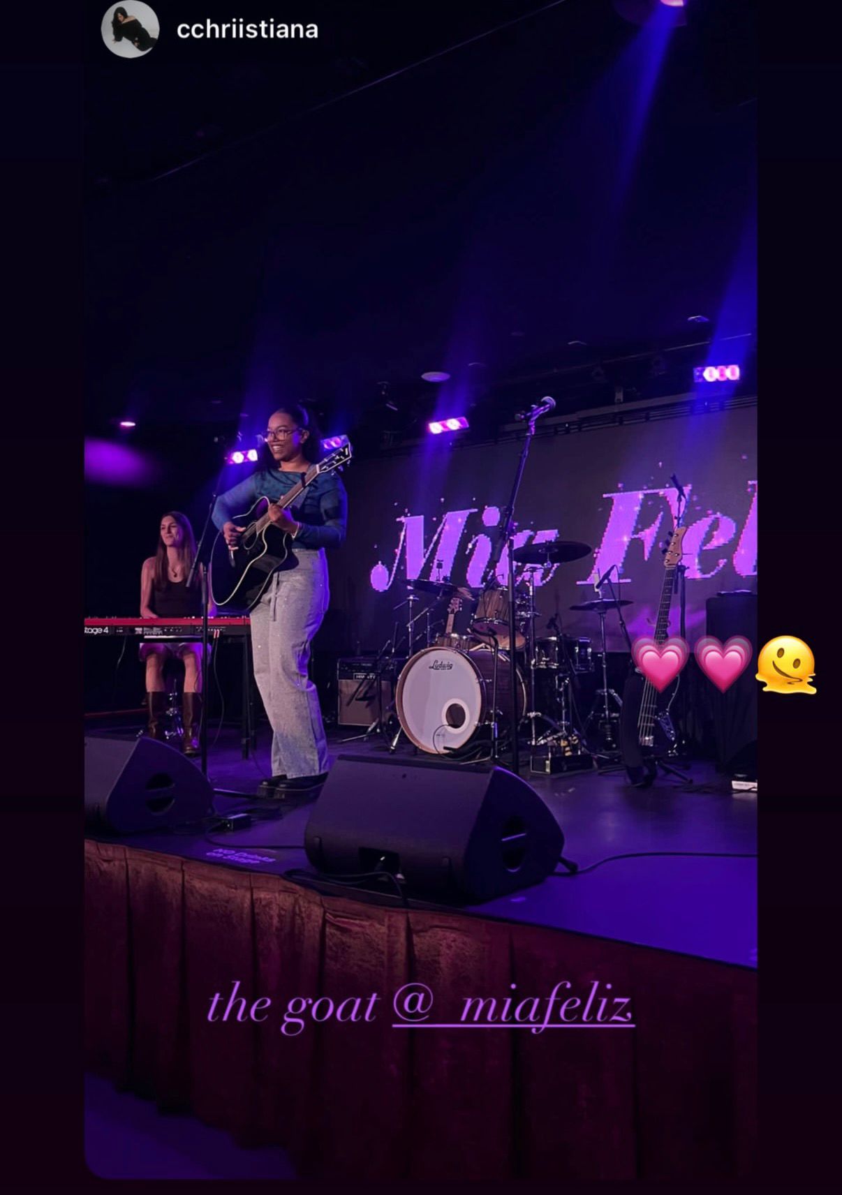 Instagram story of Mia on stage — the goat @_miafeliz